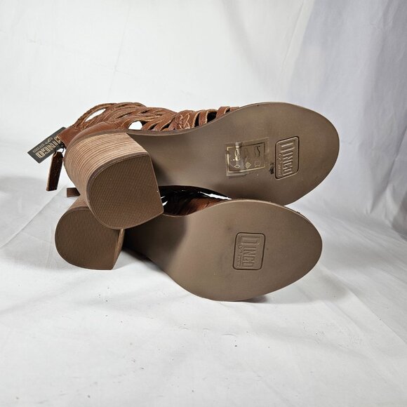 Dingo Jeezy Tan Brown Braided Leather Sandals Chunky Heel Fringe Detail Boho 10 - Picture 10 of 13